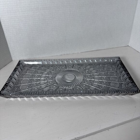 Heavy Glass Gray Tinted Oblong Tray Cut Glass Styling 7”x14” - Picture 2 of 8